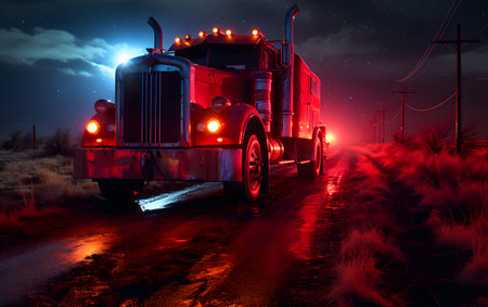 Big red truck with headlights on the road at night. 3d renderingの素材