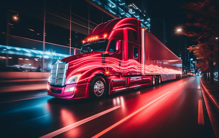 Truck on the road with motion blur background. Transportation concept.の素材