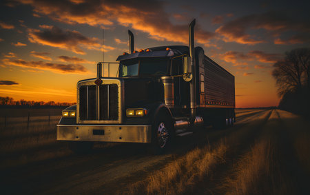 Truck on the road at sunset. Concept of transportation and logisticsの素材