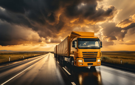truck on the road with dramatic sky at sunset, transportation conceptの素材