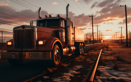 A retro truck on the railroad tracks at sunset. Retro style.の素材