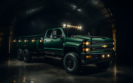 Green pickup truck in a dark tunnel at night. Side view.の素材