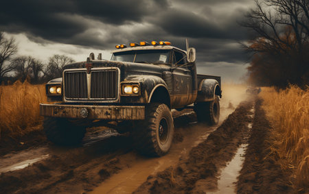 Abandoned old truck on the dirt road. 3d renderingの素材