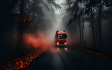 Red truck on the road in a foggy forest. 3d renderingの素材