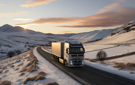 truck on the road in winter at sunset. 3d renderingの素材