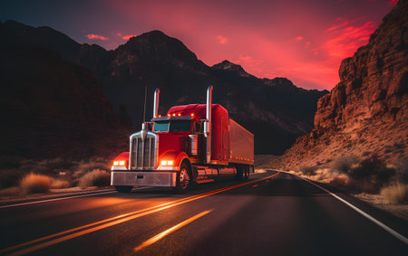 Classic American red big rig semi truck with refrigerated semi trailerの素材