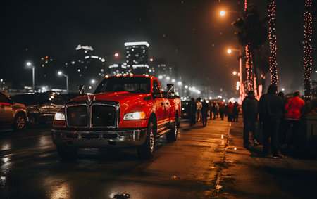 Cars in the rain on the street of the city at nightの素材