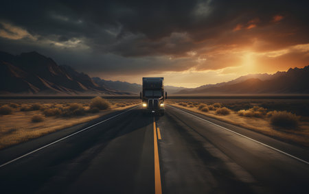 Truck on the road with sunset in the background. 3d renderingの素材