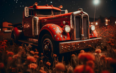 Vintage fire truck in a field of poppies at nightの素材