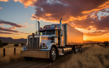 Big rig semi truck on the road at sunset in the Mojave Desertの素材