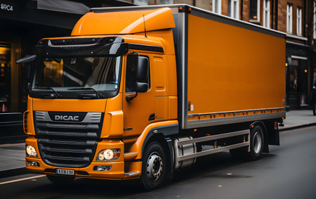 Orange Mercedes-Benz Actros truck on the city street.の素材