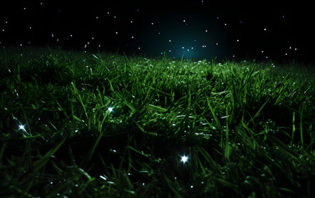 Grass with water drops in the dark. 3D illustration.の素材