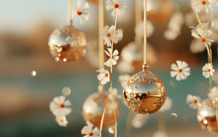 Beautiful golden Christmas decorations on bokeh background, closeupの素材