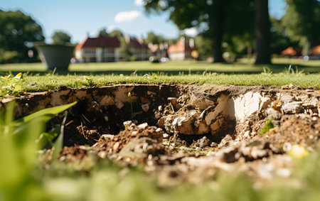 Remains of the old house in the garden. Selective focus.の素材