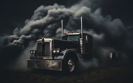 Truck in the smoke on a dark background. 3d renderingの素材