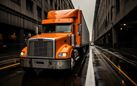 Orange big rig semi truck on the road with lights in the backgroundの素材