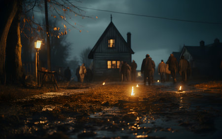 Old wooden house in the village at night with burning candles in the foregroundの素材