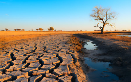 Dry land with dry tree in the desert at sunset, Africaの素材