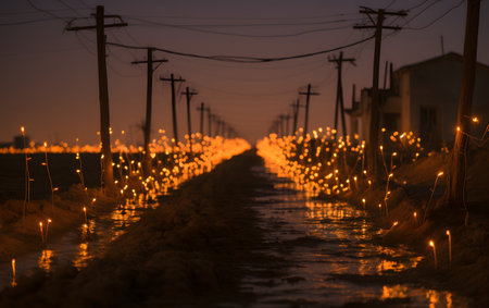 Cobblestone road covered with lights at sunset. Abstract background.の素材