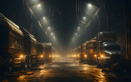 Truck in the warehouse at night with fog. 3d renderingの素材