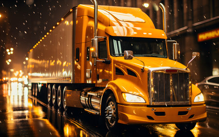 A big yellow semi truck on the road during a heavy snowfall.の素材