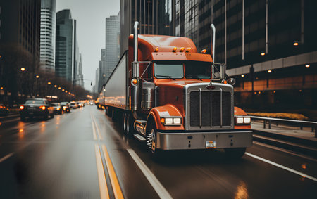 Truck on the road with motion blur background. Transportation concept.の素材