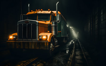 Truck in a foggy night at the railway station. Concept of cargo transportation.の素材