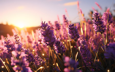 Lavender flowers in the field at sunset. Natural background.の素材