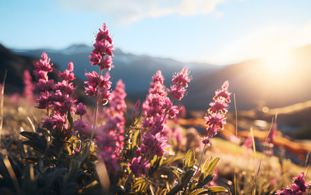 Beautiful wildflowers in mountains at sunset. Nature background.の素材