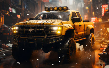 A yellow offroad car rides through the streets of Manhattan during a snow storm.の素材