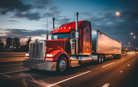 Truck on the highway at night. Concept of transportation and logisticsの素材