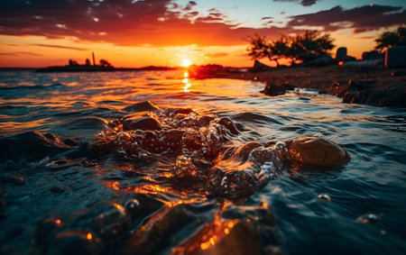 Beautiful sunset over the sea. Stones in the water at sunset.の素材