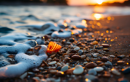 Shells and pebbles on the seashore at sunsetの素材