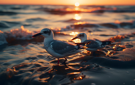 Seagulls on the seashore at sunset. Beautiful seascape with seagulls.の素材