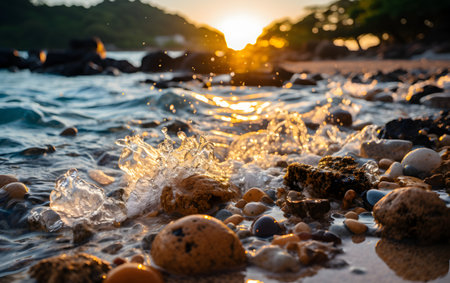 Beautiful sunset over the sea with stones and water splashes.の素材