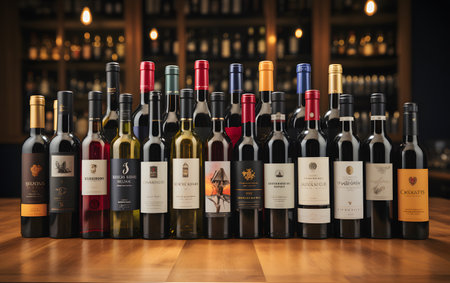 Bottles of red and white wine on a wooden table in a cellarの素材