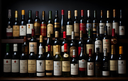 Bottles of red, white and black wine on shelf in cellarの素材