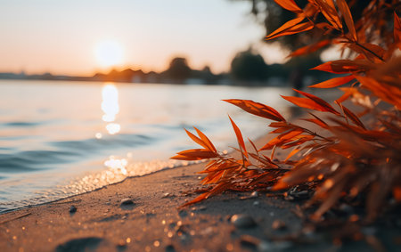 Autumn leaves on the shore of the lake at sunset. nature backgroundの素材