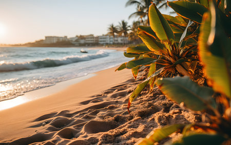 Palm trees on the beach at sunset. Vacation concept.の素材