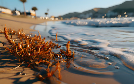 Sunset on the beach with golden grass in the foreground. Soft focus.の素材