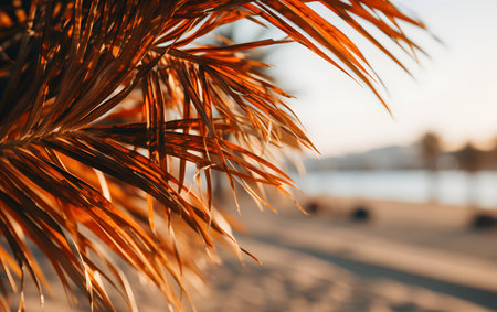 Sunset on the beach with palm leaves. Selective focus.の素材