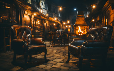 Old chairs in the old town of Lviv at night, Ukraineの素材