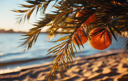 Orange tangerine on a branch of a palm tree on the beach.の素材