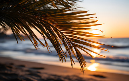 Coconut palm leaf on the beach at sunset. Selective focus.の素材