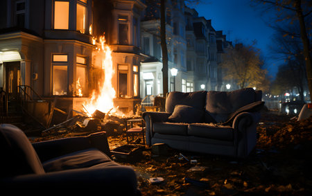 Burning fireplace in the city at night. Disaster concept.の素材