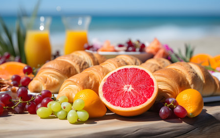 Fresh croissants, fruits and orange juice on the beach.の素材