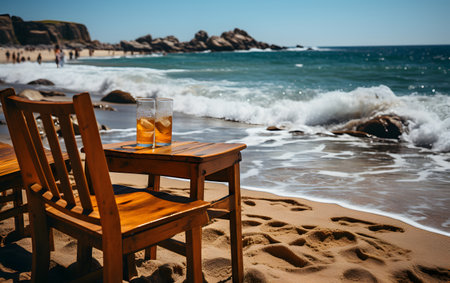 Table and chairs on the beach in Costa Paradiso, Sardiniaの素材