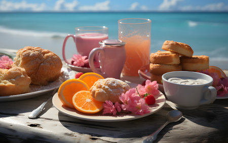 Breakfast on the beach with milk, bread, orange and strawberryの素材