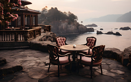 Table and chairs on the terrace of a restaurant with sea viewの素材
