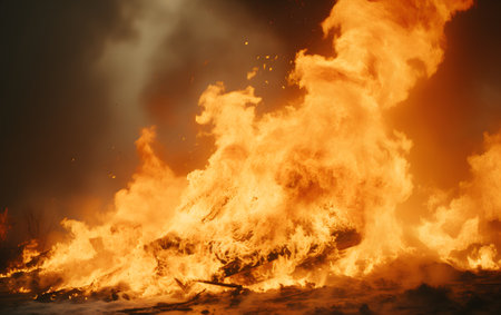 Flames of a burning house. Fire in the night sky.の素材